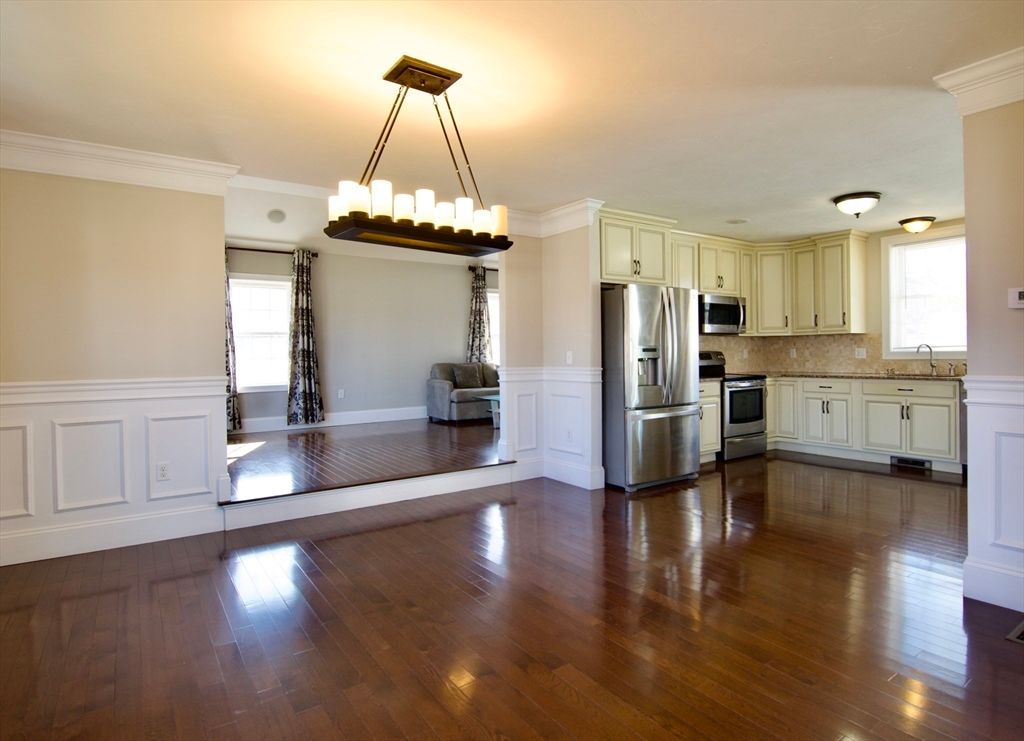 Chandelier, Interior, Kitchen, Pendant Lights, Stainless Steel Appliances, Wood Texture Flooring
