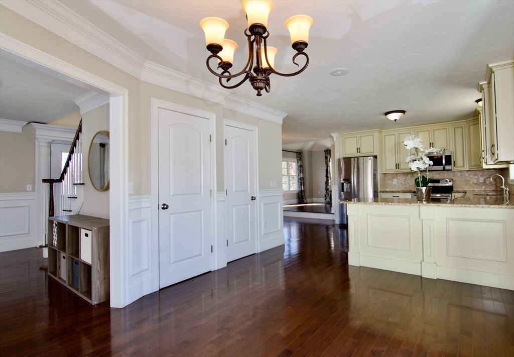 Chandelier, Interior, Kitchen, Stainless Steel Appliances, Wood Texture Flooring