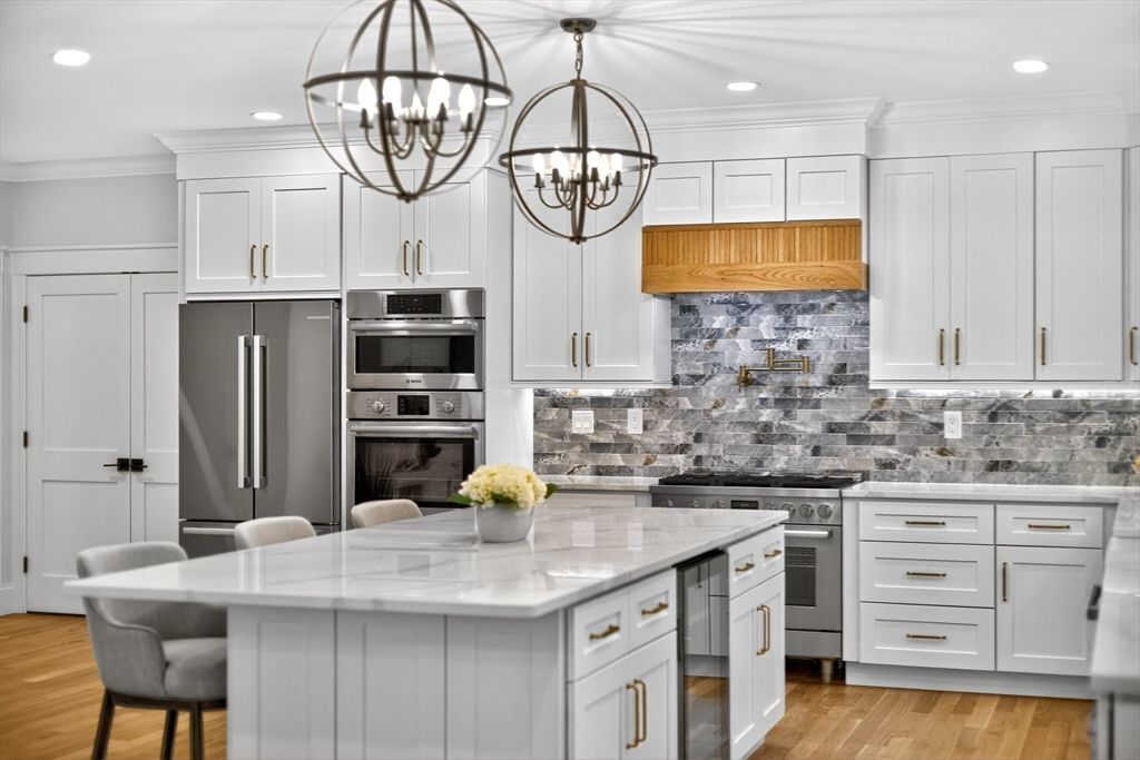 Chandelier, Interior, Kitchen, Pendant Lights, Recessed Lighting, Stainless Steel Appliances, Wood Texture Flooring