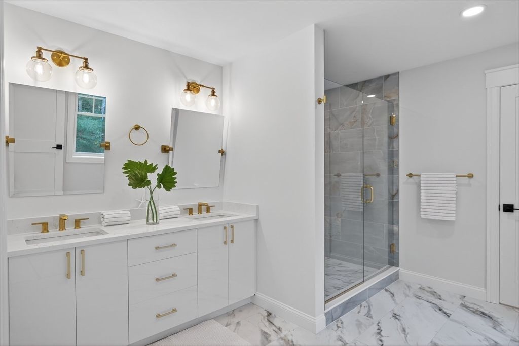 Bathroom, Dual Sink Vanities, Glass Shower, Interior, Marble, Recessed Lighting