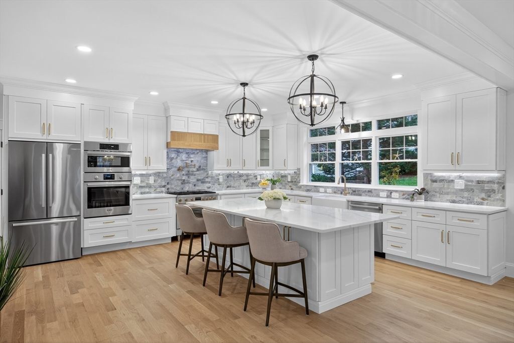 Chandelier, Interior, Kitchen, Pendant Lights, Recessed Lighting, Stainless Steel Appliances, Wood Texture Flooring
