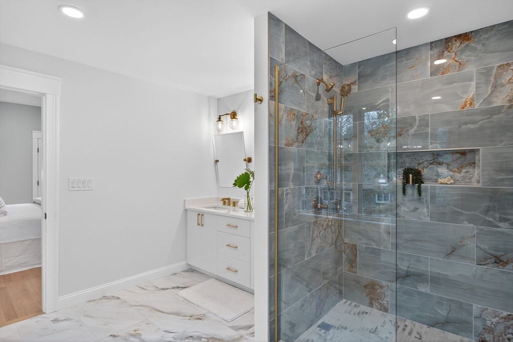 Bathroom, Glass Shower, Interior, Marble, Recessed Lighting