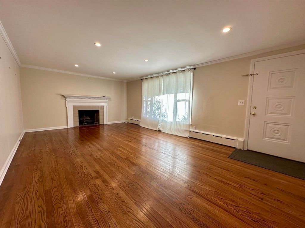 Empty room, Fireplace, Interior, Recessed Lighting, Wood Texture Flooring