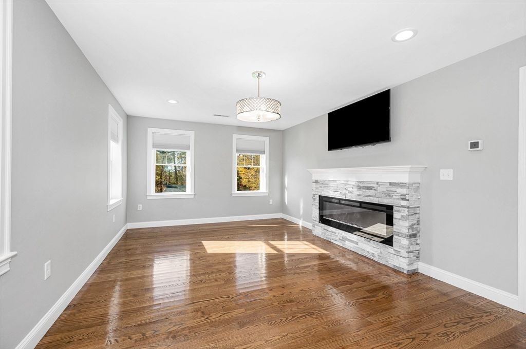 Empty room, Fireplace, Interior, Recessed Lighting, Wood Texture Flooring