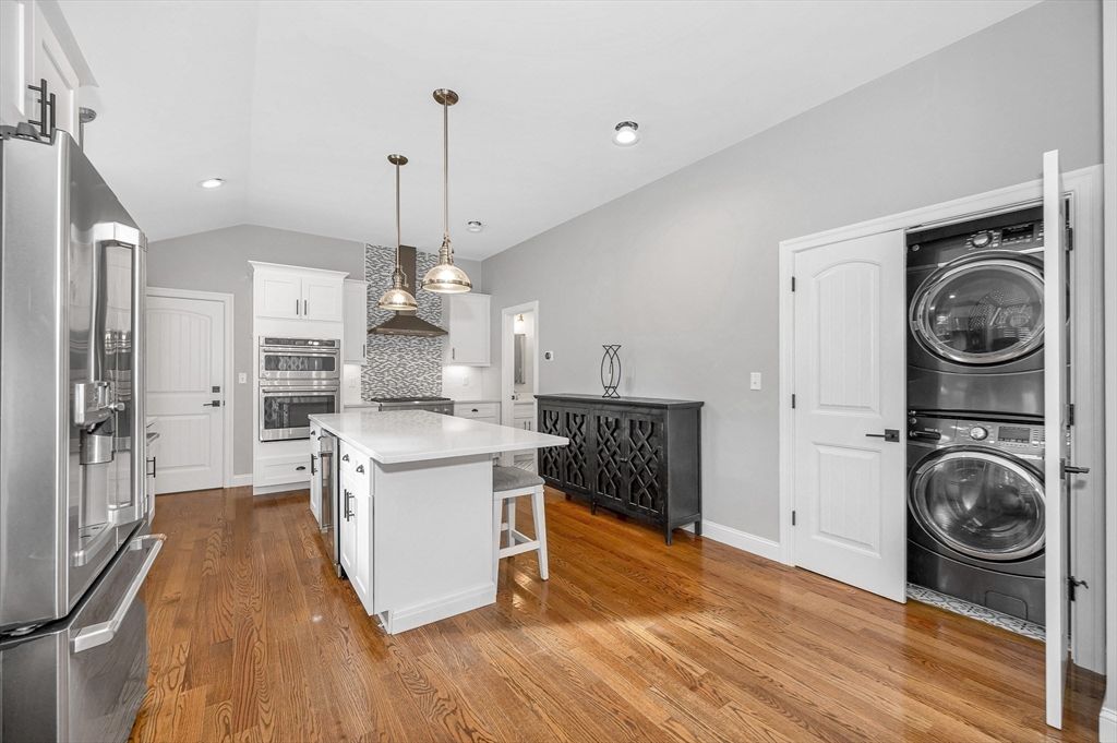 Interior, Kitchen, Pendant Lights, Recessed Lighting, Stainless Steel Appliances, Washer, Wood Texture Flooring