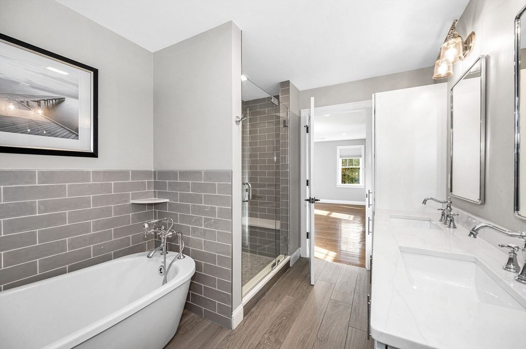 Bathroom, Free Standing Baths, Glass Shower, Interior, Recessed Lighting, Wood Texture Flooring