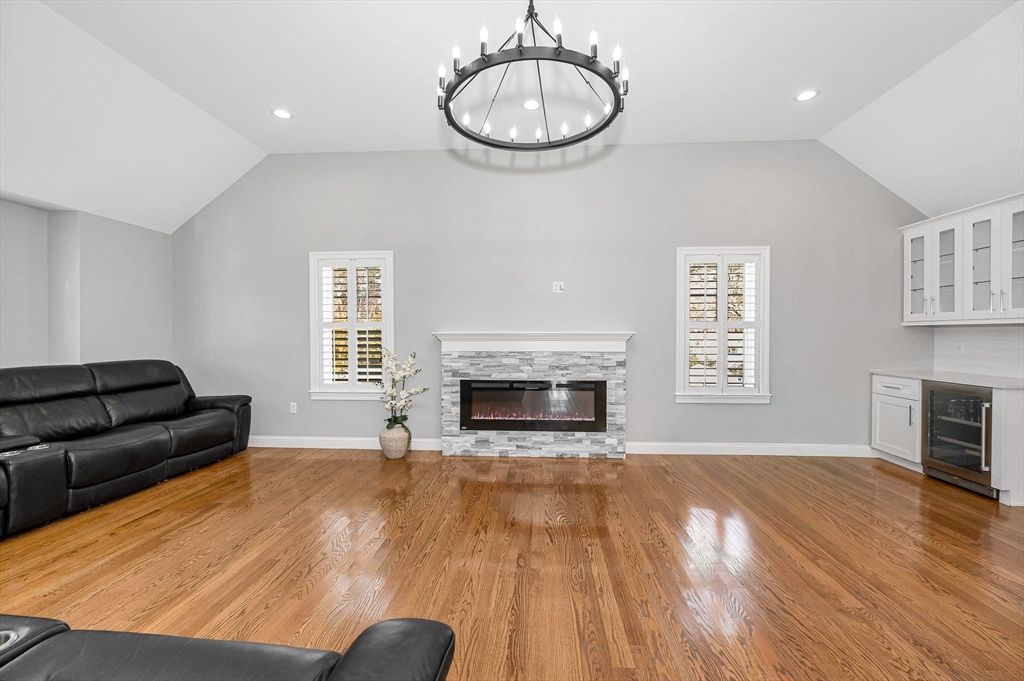 Fireplace, Interior, Pendant Lights, Recessed Lighting, Wood Texture Flooring