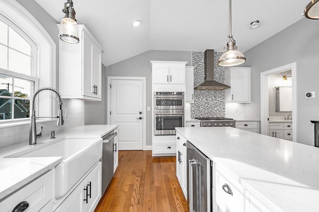 Interior, Kitchen, Pendant Lights, Recessed Lighting, Stainless Steel Appliances, Wood Texture Flooring