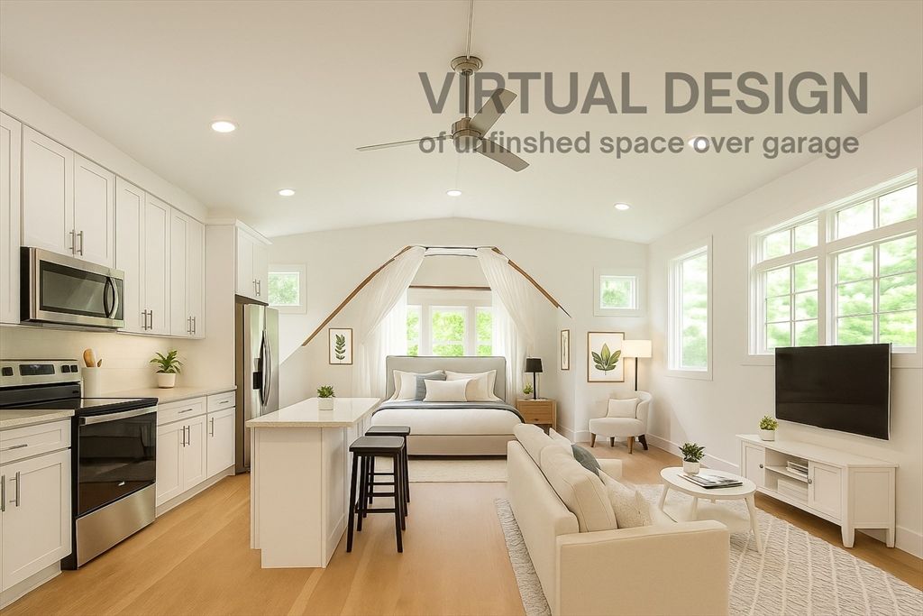 Interior, Kitchen, Living room, Recessed Lighting, Stainless Steel Appliances, Wood Texture Flooring