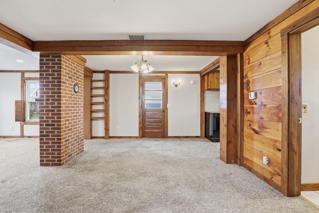 Chandelier, Empty room, Fireplace, Interior, Stone Walls, Wooden Walls