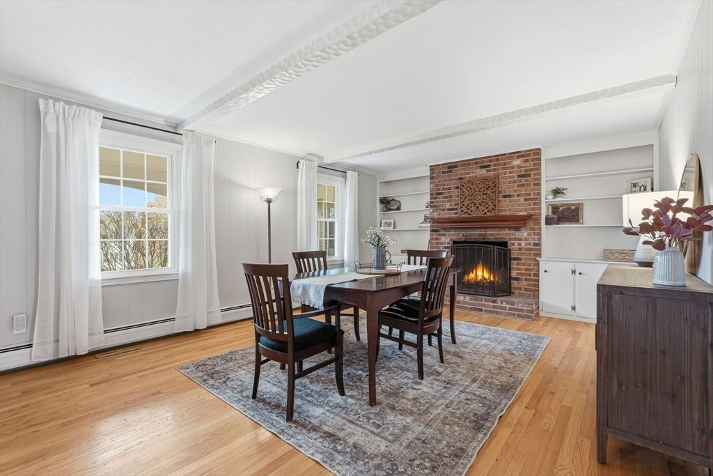 Dining room, Fireplace, Interior, Stone Walls, Wood Texture Flooring