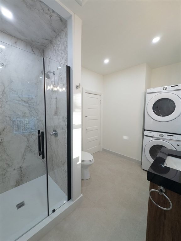 Bathroom, Glass Shower, Interior, Marble Walls, Recessed Lighting, Utility Closets, Washer