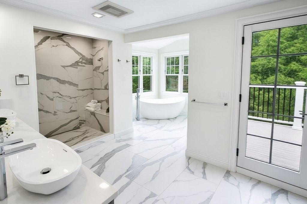 Bathroom, Free Standing Baths, Interior, Marble, Marble Walls, Recessed Lighting