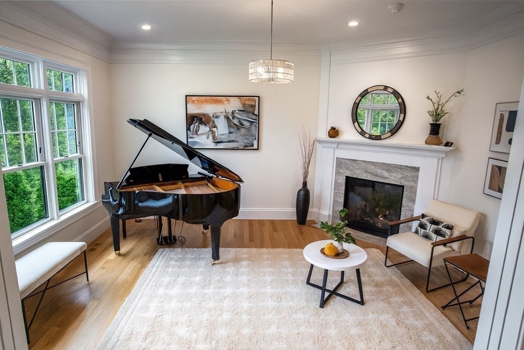 Fireplace, Interior, Living room, Pendant Lights, Piano, Recessed Lighting, Wood Texture Flooring