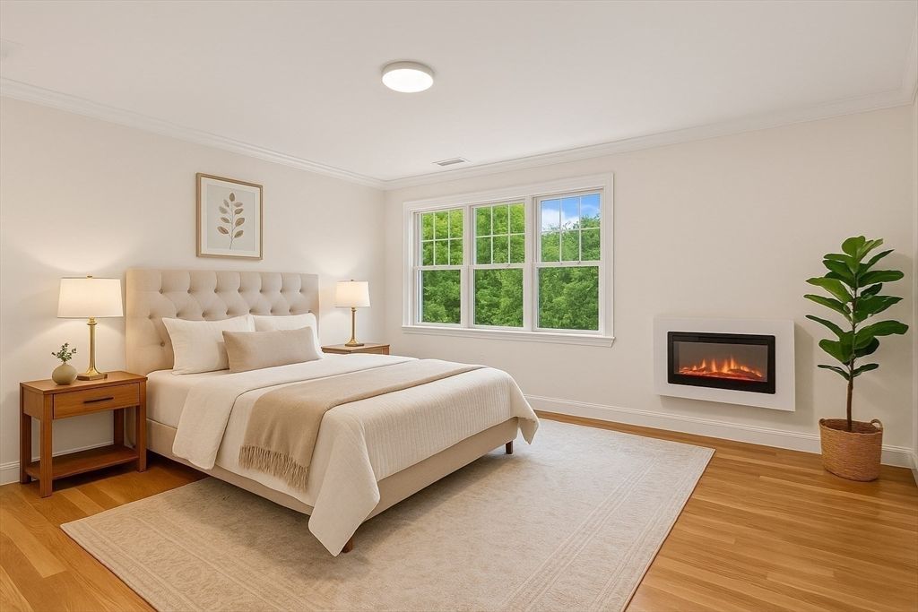 Bedroom, Fireplace, Interior, Wood Texture Flooring