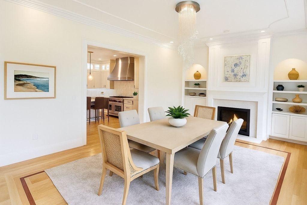 Chandelier, Dining room, Fireplace, Interior, Kitchen, Pendant Lights, Recessed Lighting, Wood Texture Flooring