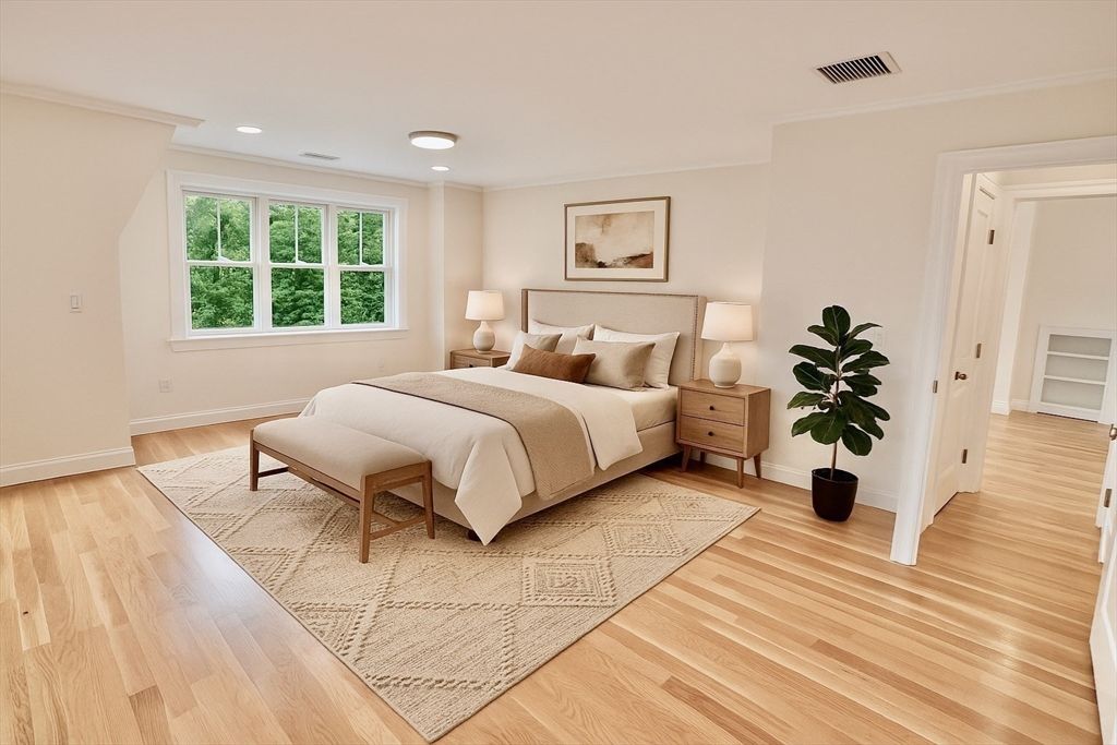 Bedroom, Interior, Recessed Lighting, Wood Texture Flooring