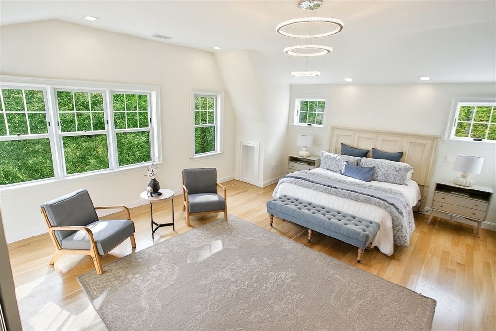 Bedroom, Interior, Pendant Lights, Recessed Lighting, Wood Texture Flooring