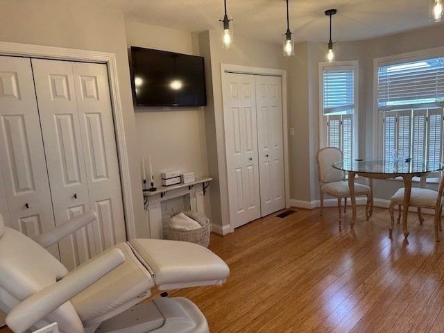 Dining room, Interior, Pendant Lights, Wood Texture Flooring
