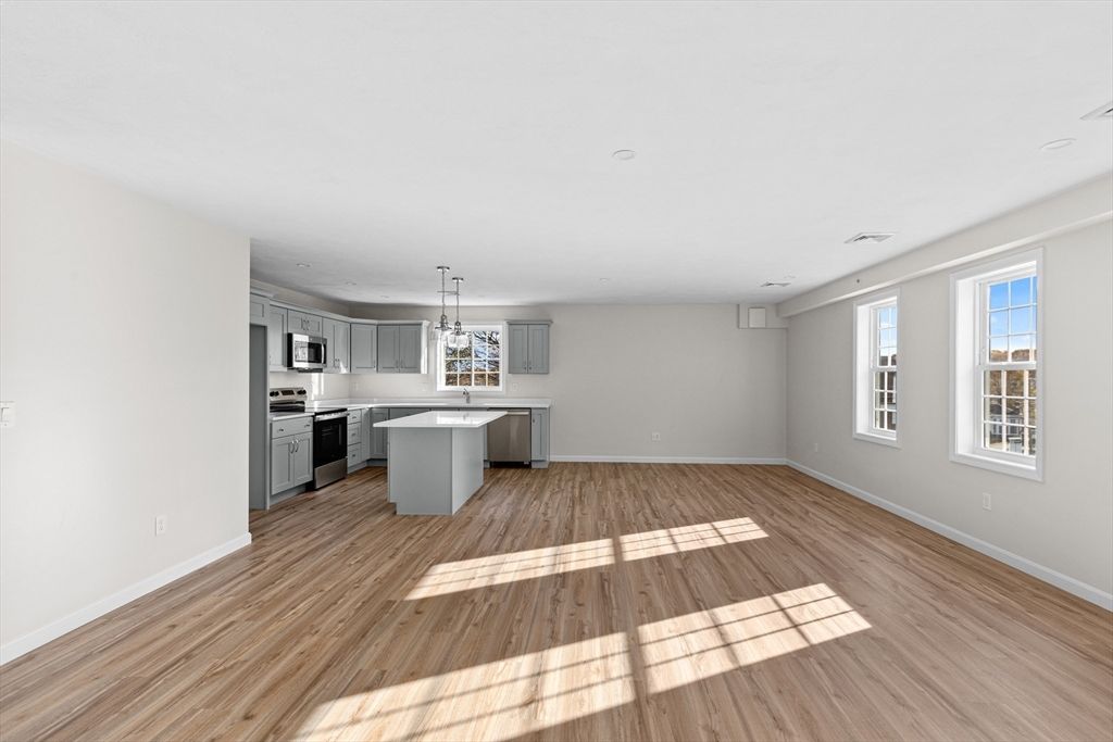 Empty room, Interior, Kitchen, Pendant Lights, Recessed Lighting, Stainless Steel Appliances, Wood Texture Flooring