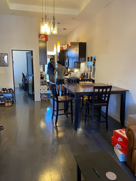 Dining room, Interior, Pendant Lights, Wood Texture Flooring