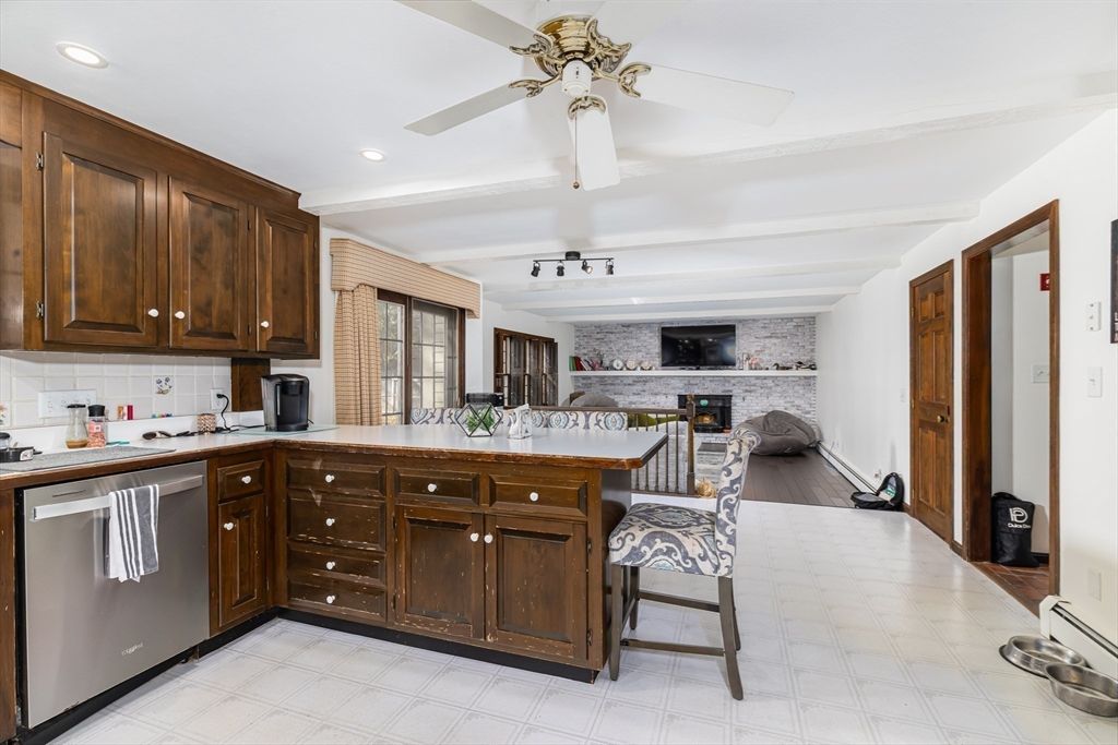 Fireplace, Interior, Kitchen, Recessed Lighting, Stone Walls