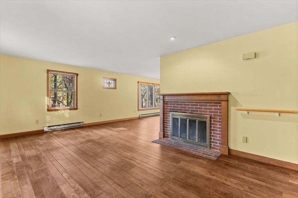 Empty room, Fireplace, Interior, Recessed Lighting, Wood Texture Flooring