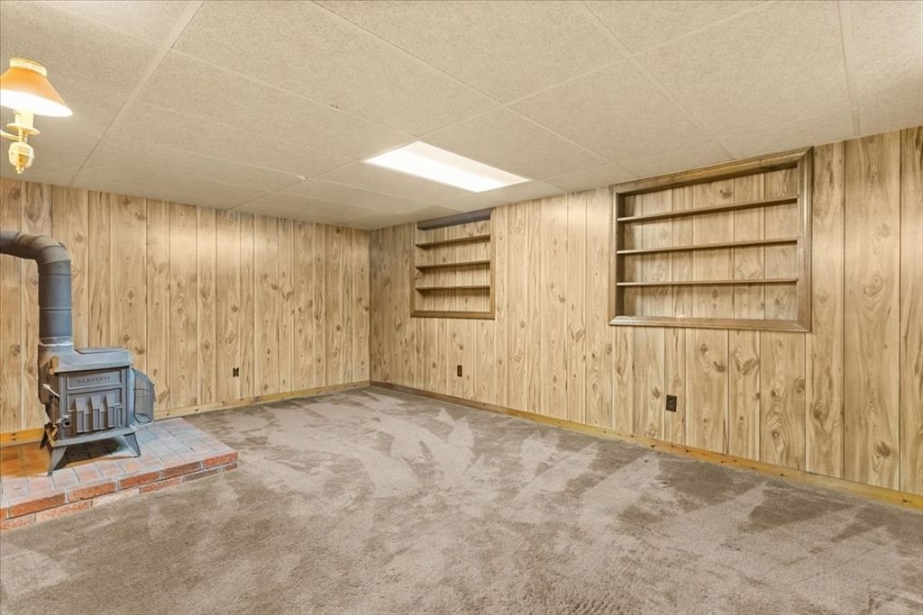 Empty room, Fireplace, Interior, Recessed Lighting, Wooden Walls