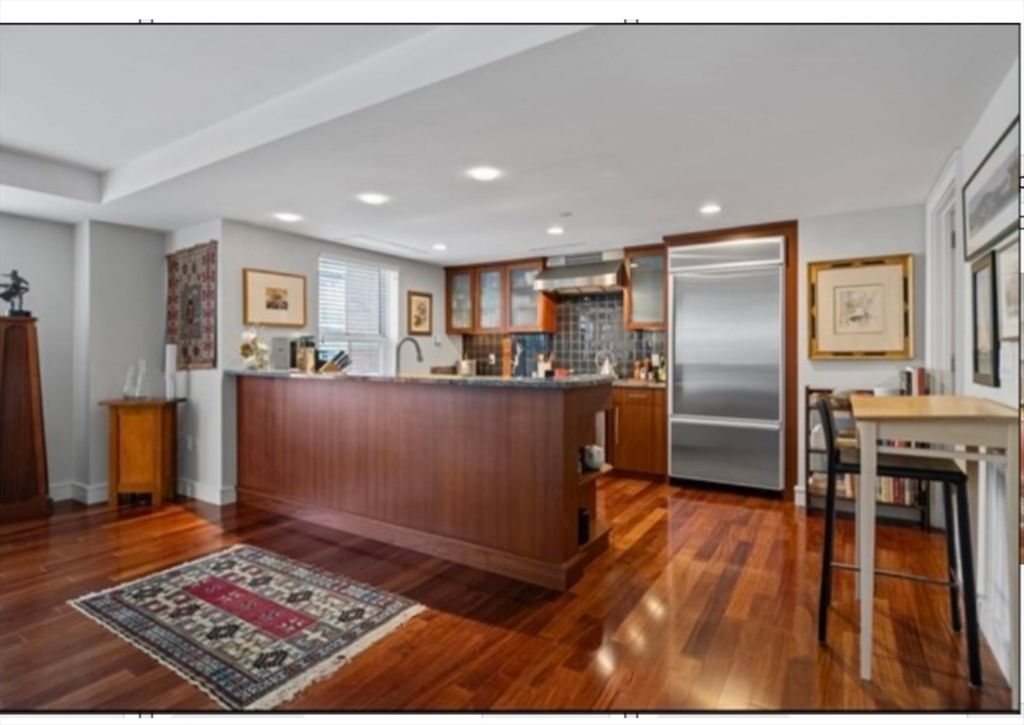 Dining room, Interior, Kitchen, Recessed Lighting, Stainless Steel Appliances, Wood Texture Flooring
