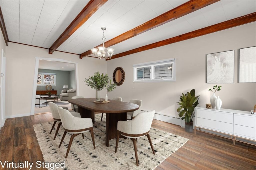 Chandelier, Dining room, Interior, Recessed Lighting, Wooden Beams, Wood Texture Flooring