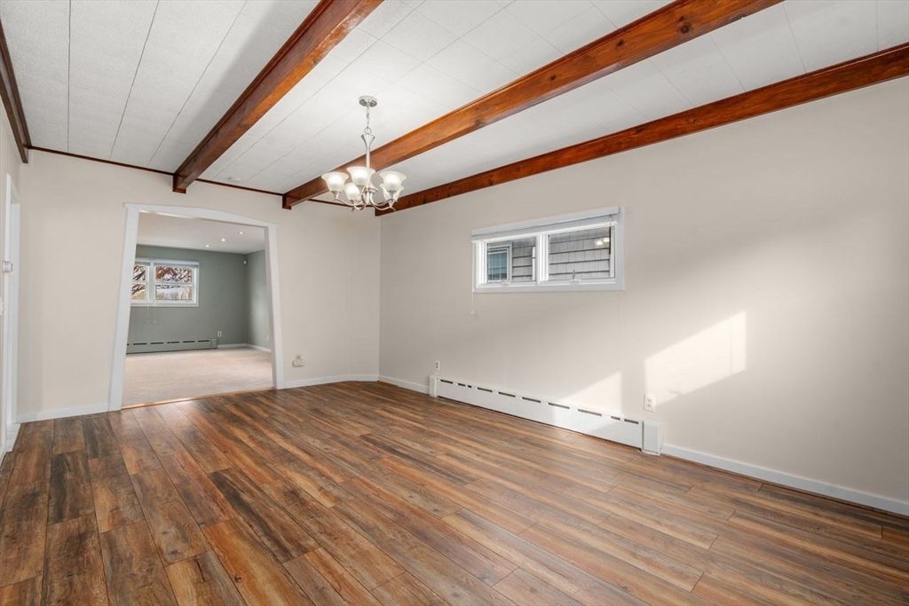 Chandelier, Empty room, Interior, Recessed Lighting, Wooden Beams, Wood Texture Flooring