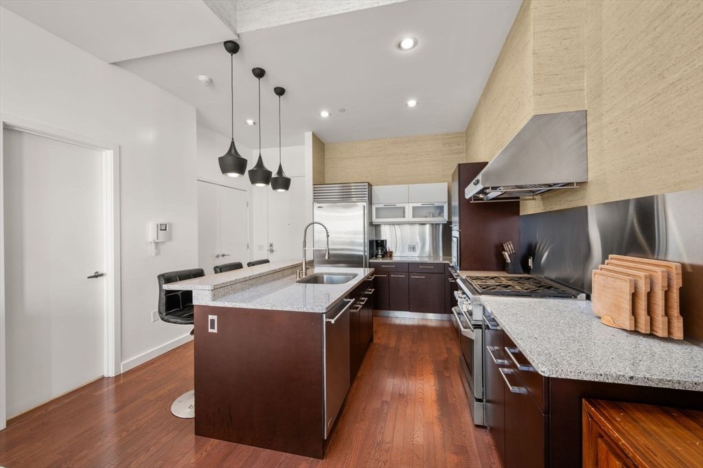 Interior, Kitchen, Pendant Lights, Recessed Lighting, Stainless Steel Appliances, Wood Texture Flooring