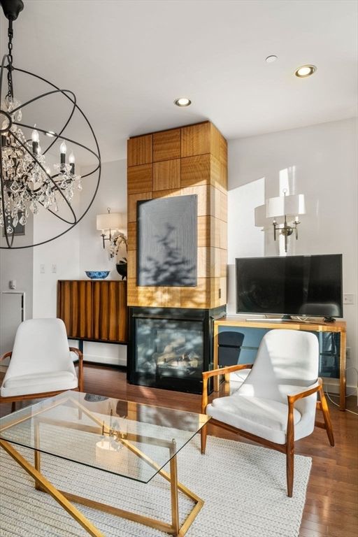 Fireplace, Interior, Living room, Recessed Lighting, Wood Texture Flooring