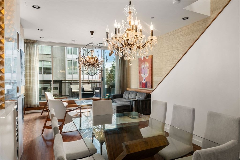 Chandelier, Dining room, Interior, Living room, Recessed Lighting, Wood Texture Flooring