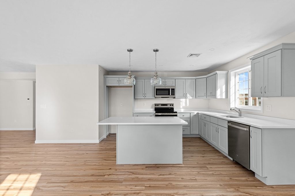 Interior, Kitchen, Pendant Lights, Stainless Steel Appliances, Wood Texture Flooring