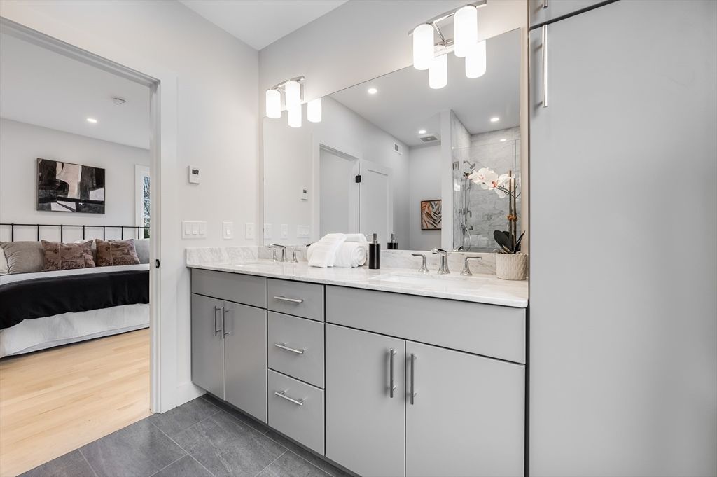 Bathroom, Bedroom, Dual Sink Vanities, Interior, Recessed Lighting, Wood Texture Flooring