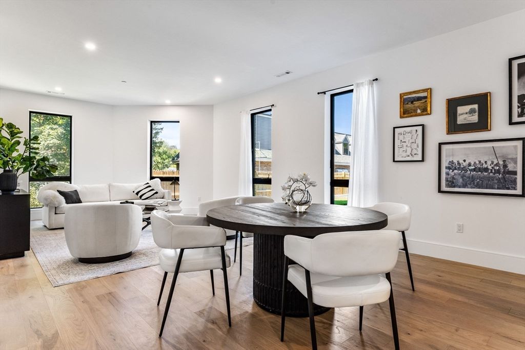 Dining room, Interior, Living room, Recessed Lighting, Wood Texture Flooring