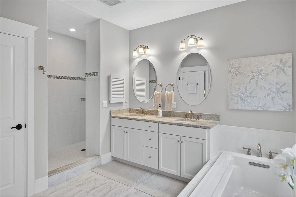 Bathroom, Dual Sink Vanities, Interior, Marble, Marble Walls, Recessed Lighting