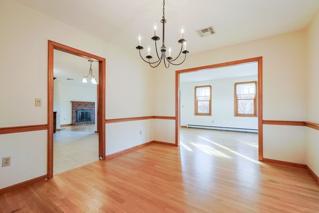 Chandelier, Empty room, Fireplace, Interior, Wood Texture Flooring