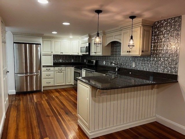 Interior, Kitchen, Pendant Lights, Recessed Lighting, Stainless Steel Appliances, Wood Texture Flooring