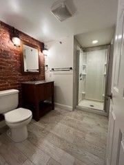 Bathroom, Glass Shower, Interior, Recessed Lighting, Wood Texture Flooring