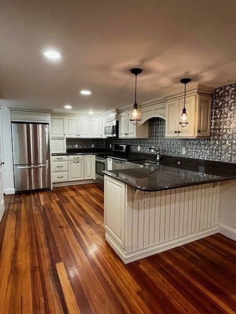 Interior, Kitchen, Pendant Lights, Recessed Lighting, Stainless Steel Appliances, Wood Texture Flooring