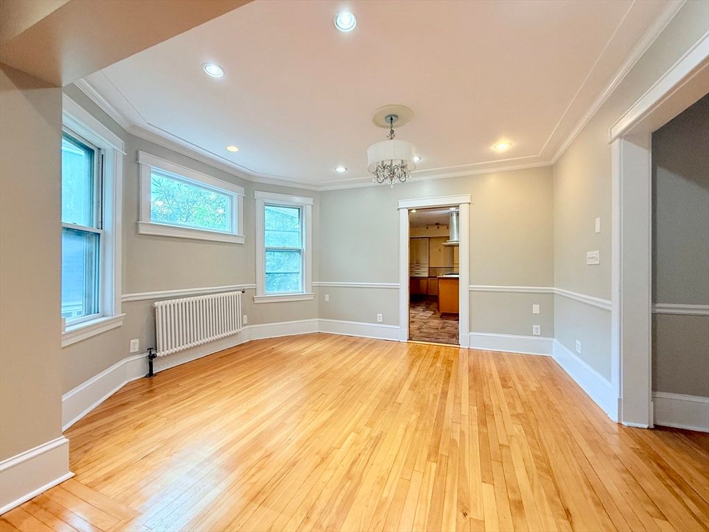 Chandelier, Empty room, Interior, Recessed Lighting, Wood Texture Flooring