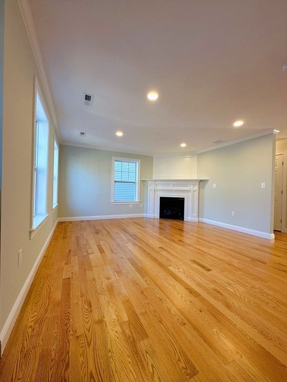Empty room, Fireplace, Interior, Recessed Lighting, Wood Texture Flooring