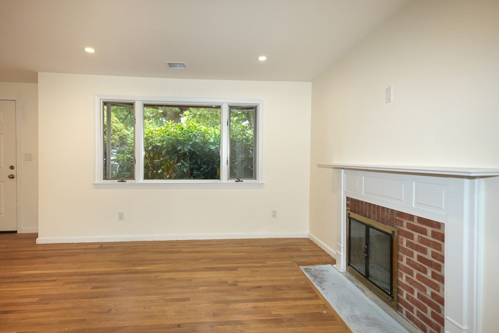 Empty room, Fireplace, Interior, Recessed Lighting, Wood Texture Flooring