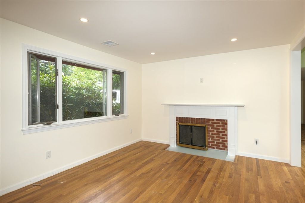 Empty room, Fireplace, Interior, Recessed Lighting, Wood Texture Flooring
