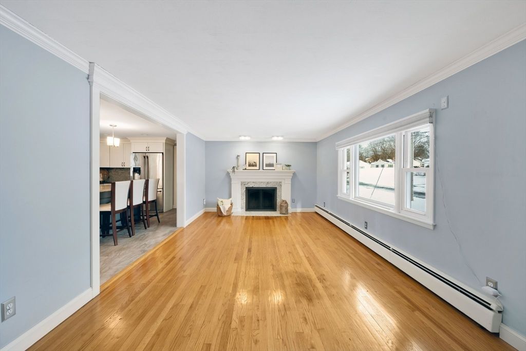 Dining room, Empty room, Fireplace, Interior, Kitchen, Wood Texture Flooring