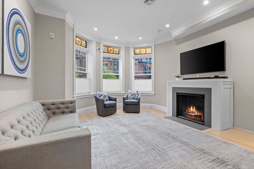 Fireplace, Interior, Living room, Recessed Lighting, Wood Texture Flooring