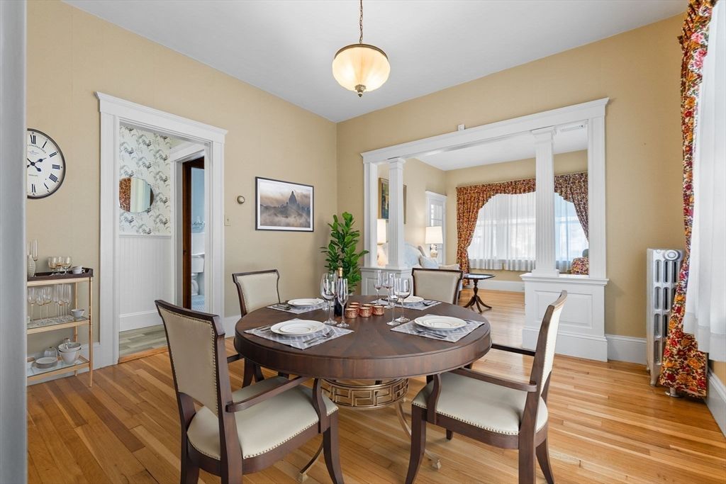 Dining room, Interior, Pendant Lights, Wood Texture Flooring