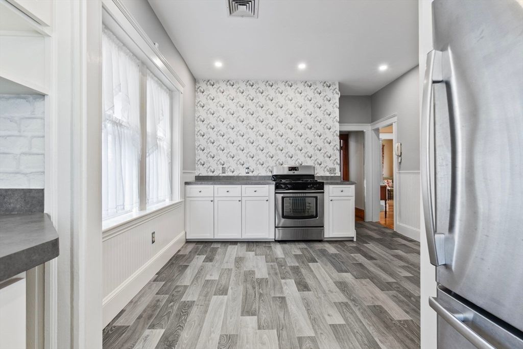 Interior, Kitchen, Recessed Lighting, Stainless Steel Appliances, Wood Texture Flooring